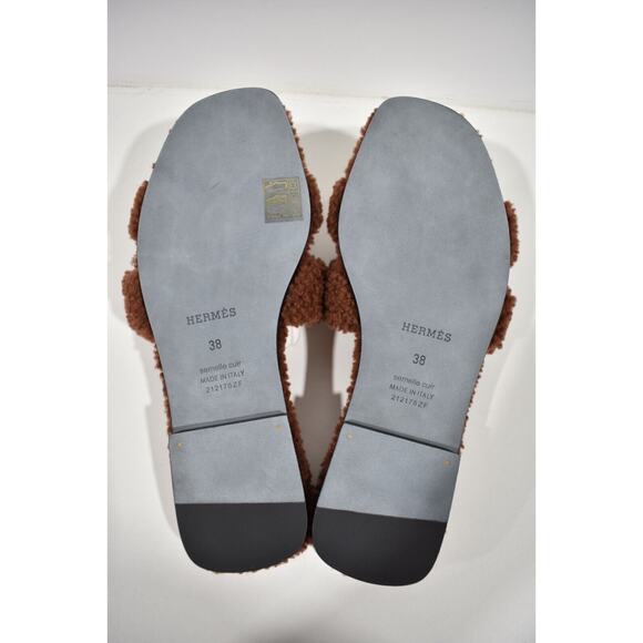 Hermes Oran Teddy Shearling Fur Brown H Logo Slide Sandal Mule Flat Flip Flop 38 - Picture 12 of 12